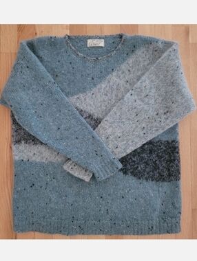 LICHEN KNIT SWEATER Speckled Blue Grey Black Colorblock Ribbed Cuffs & Hem LARGE
